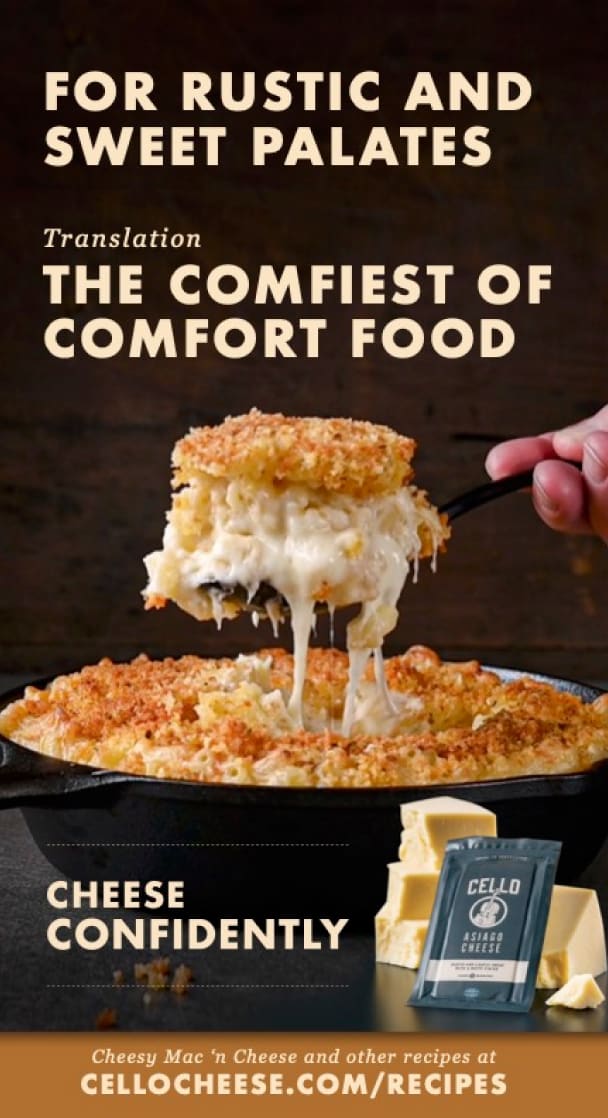 Advertisement for Cello Cheese mac & cheese recipe.
