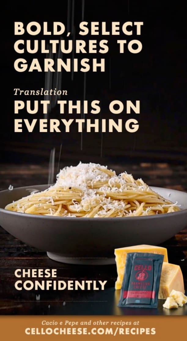 Advertisement for Cello Cheese pasta recipe.
