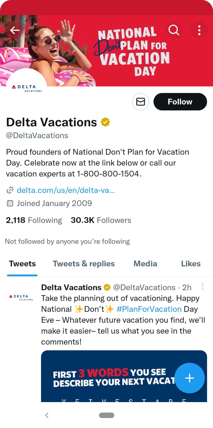 Delta Vacations Twitter profile