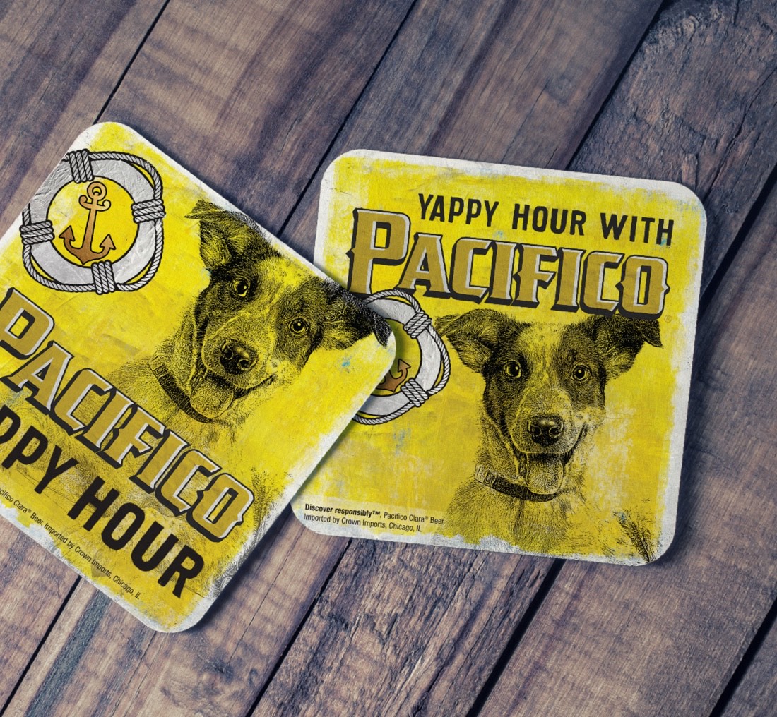 Coasters with a dog that says, "Pacifico yappy hour"