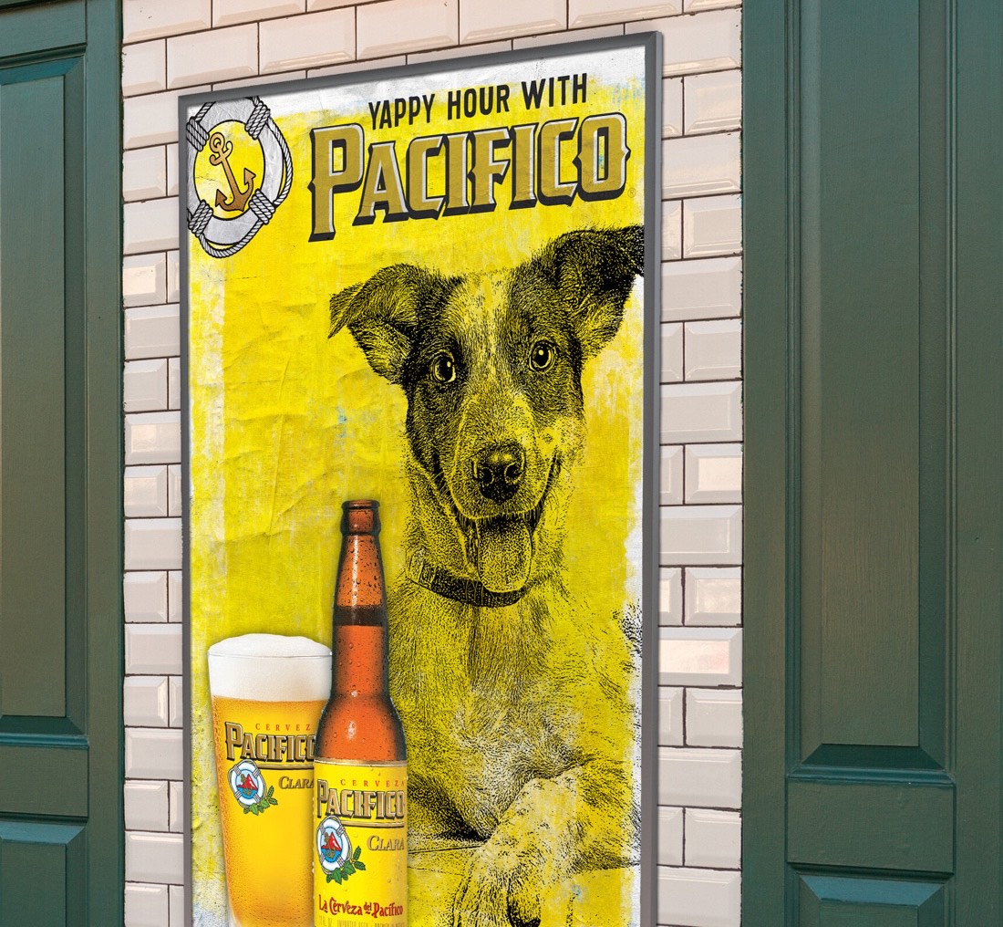 Poster with a dog that says, "Pacifico yappy hour"