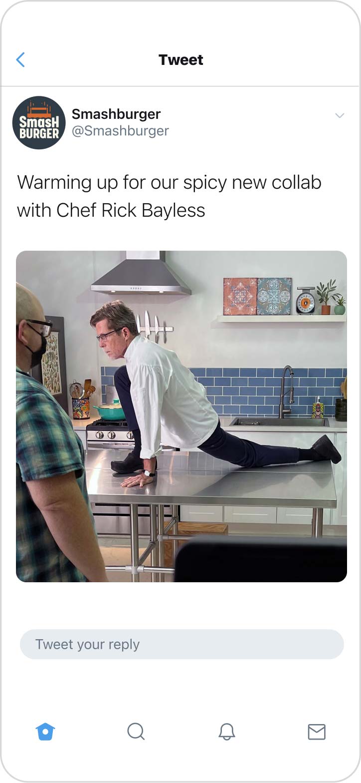 Instagram post showing Rick Bayless stretching for the photo shoot.