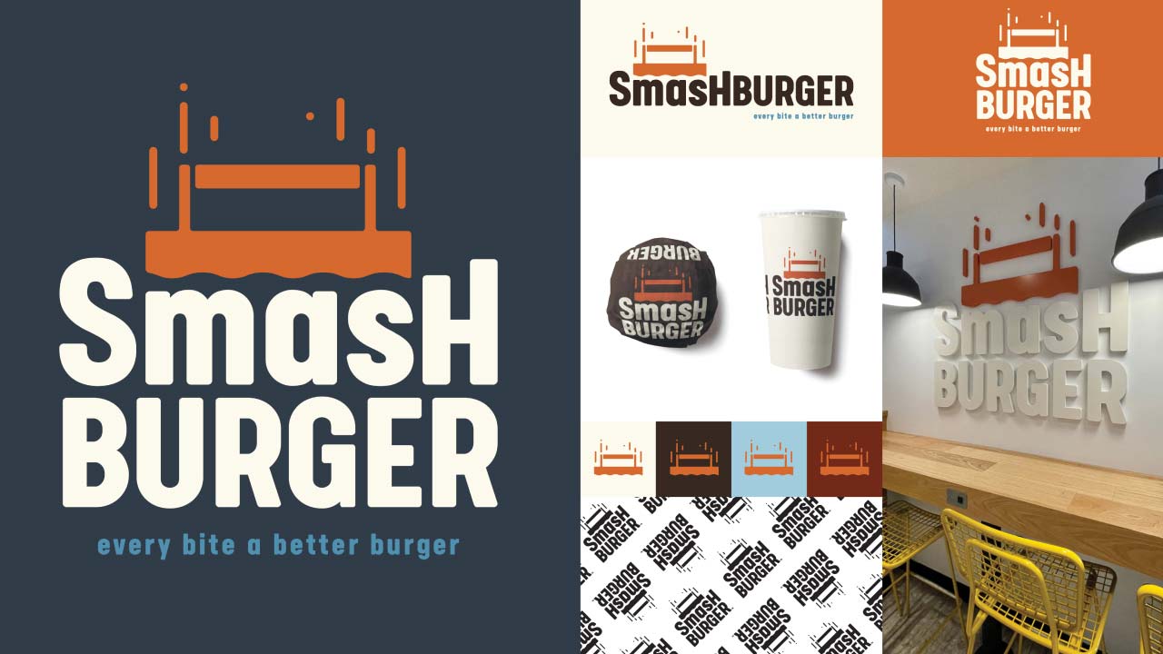 Photograph of the new Smashburger logo on merchandise and signage.