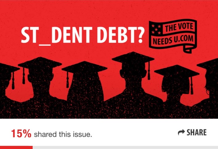 Card showing that 15% of people shared the ST_DENT DEBT issue.
