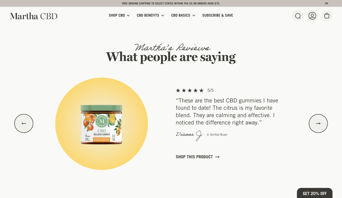Screen shot of the Martha CBD website.
